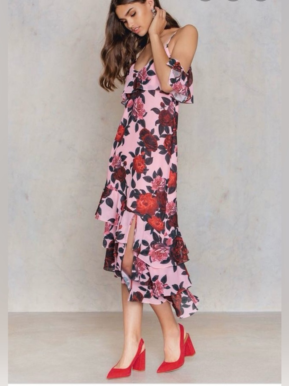 NA-KD Women’s Asymmetric frill Layered Dress Pink Floral Size 38 (USA 8)